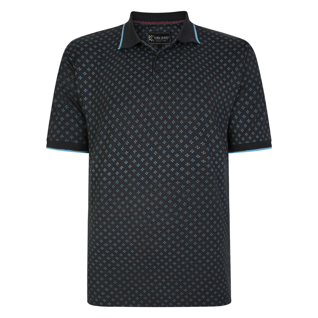 KAM Indigo Dobby Print Polo with Jacquard Tipped Collar and Turquoise Effect
