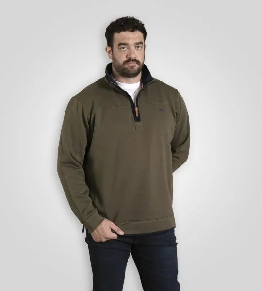 LEICESTER 2-D555 Khaki Quarter Neck  Fleece Sweatshirt With Chest Embroidery 621803