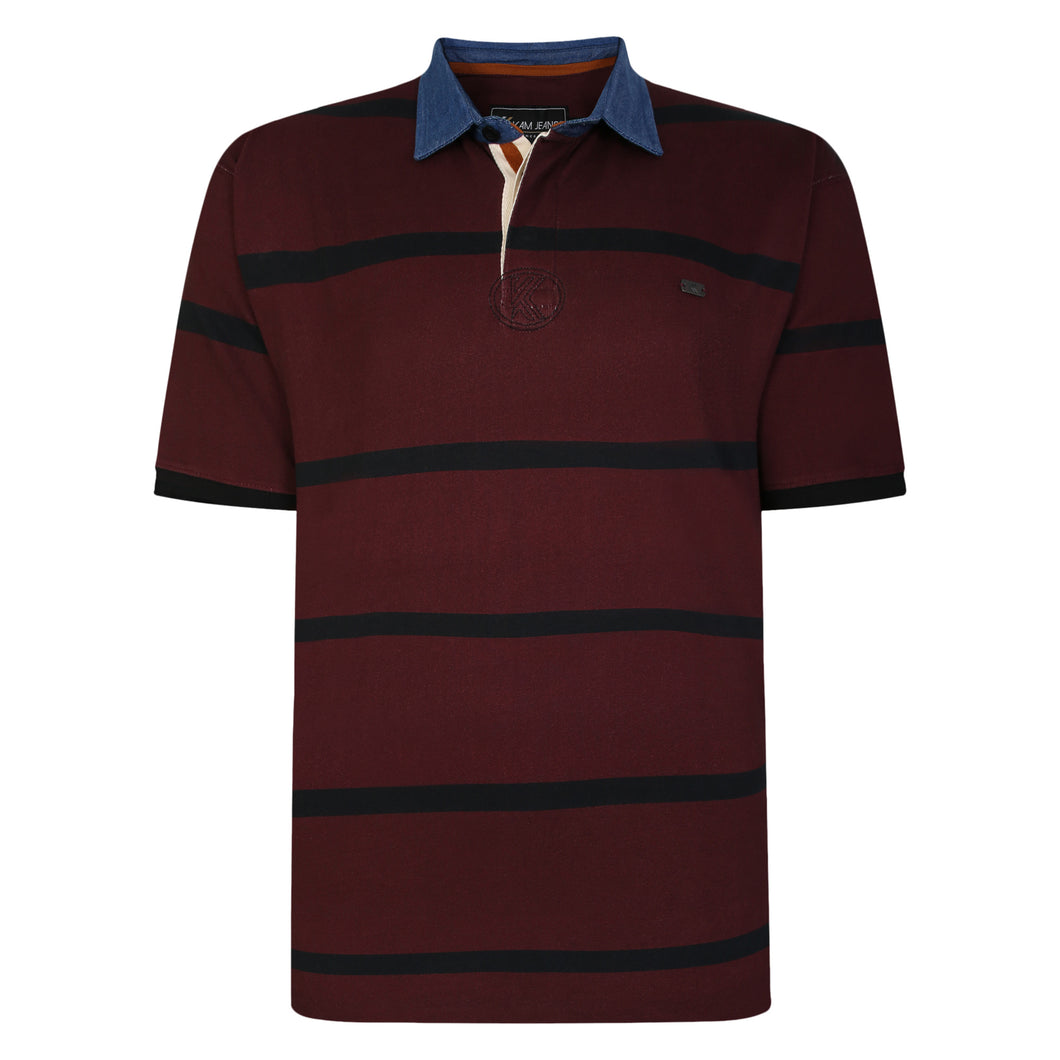 KAM Short Sleeve Stripe Rugby Polo with Denim Collar